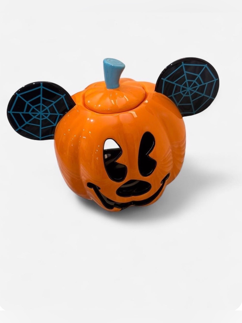 Disney Orange Pumpkin Teal-Top Mouse Jar with Black Spiderweb Ears